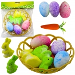 Decorațiuni de Paște cu coșuleț, iepurași, ouă și morcovi