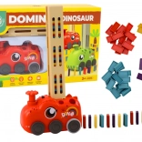 Trenuleț electric roșu cu dinosaur care construiește domino colorat