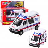 Ambulanță metalică 1:32 cu mecanism pull-back, lumini și sunete – albă