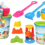 Set colorat de jucării pentru nisip cu găleată, moară, stropitoare și forme
