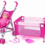 WOODY Set de joacă pentru copii cu cărucior și pătuț