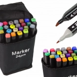 Set de markere cu alcool, pe două fețe, 24 bucăți cu husă