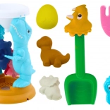 Set de nisip cu dinozauri, cu moară, lopățică, greblă și forme