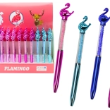 Pix cu bilă cu flamingo și pietricele strălucitoare, mină albastră 0,7 mm (mix de culori)