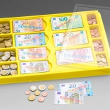 Casetă de jucărie din plastic cu bancnote și monede euro