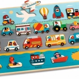 Puzzle din lemn cu mijloace de transport DJECO