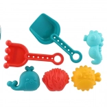 Set din plastic pentru nisip pentru copii cu lopățică, greblă și forme în plasă