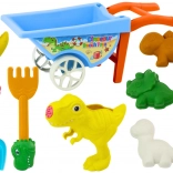 Set pentru nisip cu dinozauri: roabă, lopățică, greblă, stropitoare și 6 forme