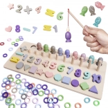 Joc educativ din lemn 2 în 1: sortator de forme, numărătoare și peștișori magnetici