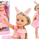 Păpușă cu rochie roz, păr lung și bentiță, 38cm