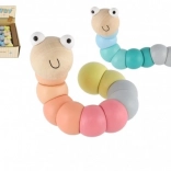 Vierme/omiduță articulară din lemn 16 cm – culori pastel, jucărie flexibilă pentru bebeluși