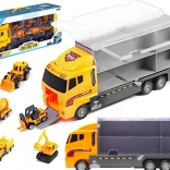 Set camion remorcher cu transportor și 6 mini vehicule de construcții
