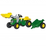 Tractor cu pedale JOHN DEERE RollyKid cu cupă frontală și remorcă – verde