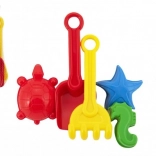 Set de plastic pentru nisip cu lopățică, greblă și forme în plasă