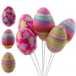 Ouă decorative de Paște pe băț cu buline, flori și dungi, set 6 buc
