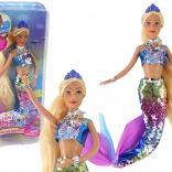 Păpușă sirenă cu păr blond lung și coadă solzoasă